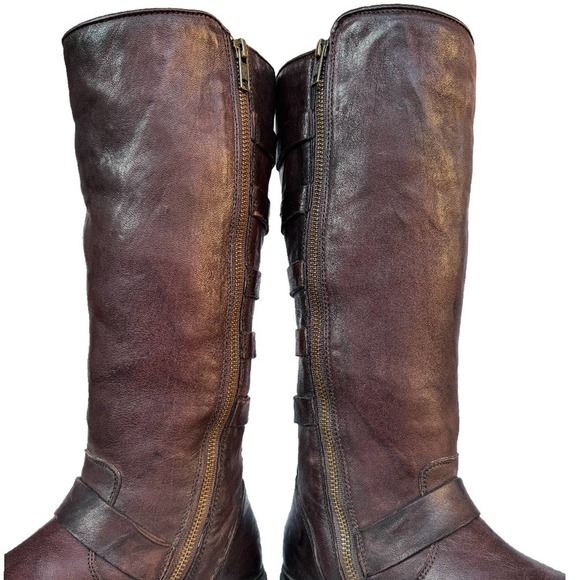 FRYE Valerie Belted Shearling Brown Tall Biker Moto Motorcycle Winter Boots 8 - Picture 5 of 7